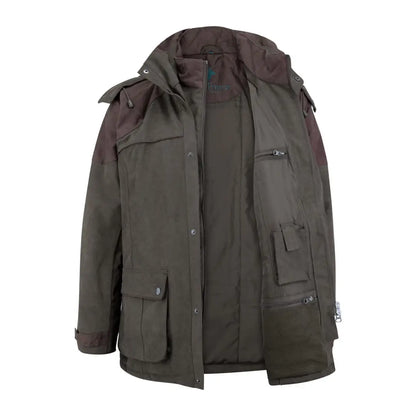 Dark green New Forest Performance Field Coat with pockets and hood for winter adventures