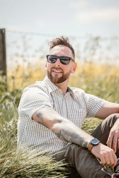 Man with sunglasses and tattoos wearing New Forest Premium 100% Cotton Short Sleeve Shirt