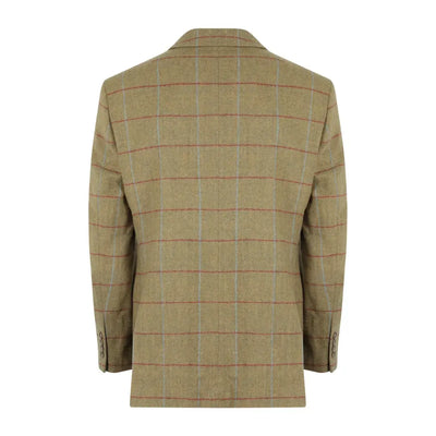 Tan plaid tweed blazer in wool tweed fabric with red and green windowpane pattern