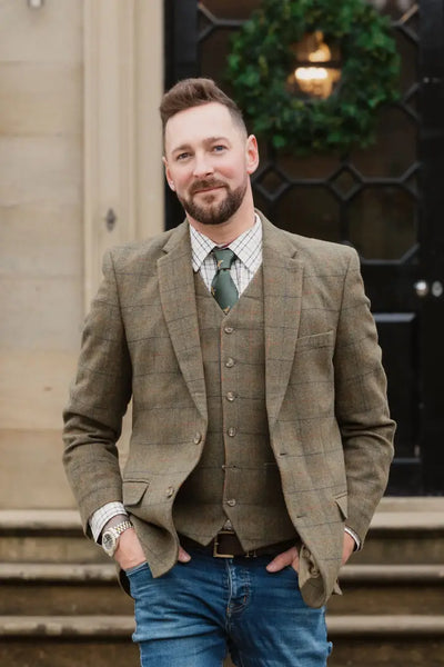 Man in a stylish tweed suit showcasing the New Forest Premium 100% Wool Tweed Waistcoat
