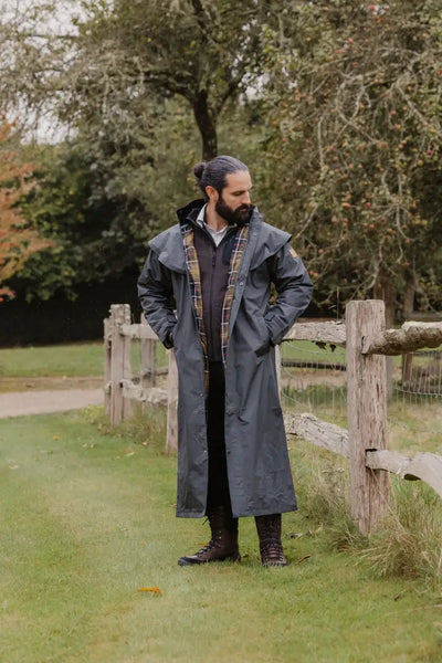 Full-length dark duster coat from New Forest Ranger Men’s collection, perfect for adventures