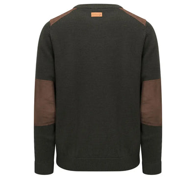 Dark green New Forest Raven V Neck Jumper with brown shoulder and elbow patches