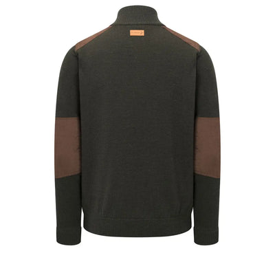 Dark green knit Raven Zip Neck jumper with brown shoulder and elbow patches