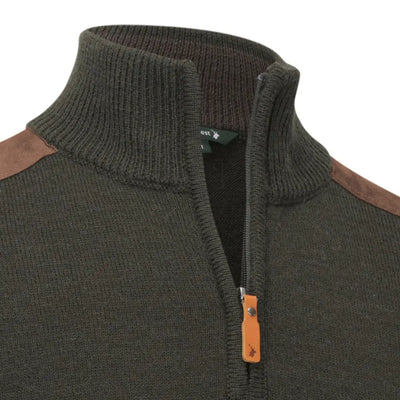 Olive green knit sweater with brown shoulder patches, perfect for your Forest Raven Zip neck style