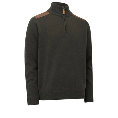 Olive green knit sweater with brown patches, perfect forest raven zip neck style