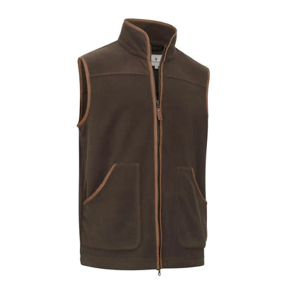 New Forest Shooters Fleece Gilet in dark brown with tan leather trim for hunting outdoors