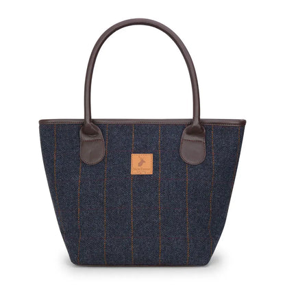 Blue Tweed Tote Bag with Brown Leather Handles from New Forest Tweed Collection