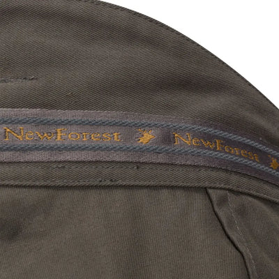 Olive-green fabric with New Forest ribbon detail on Forest Woodland Trousers with button fastening