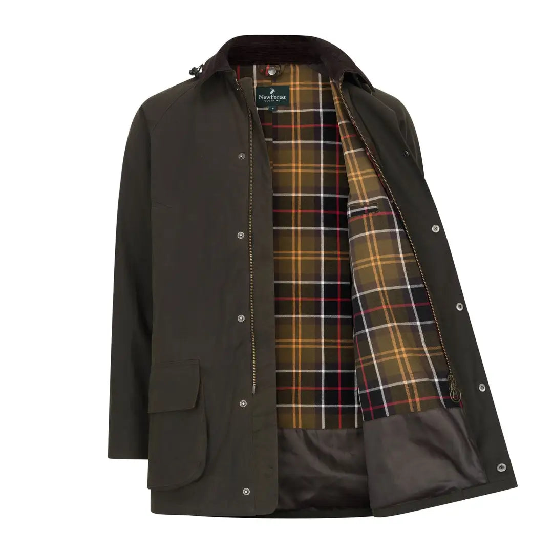 Open Olive-Green Forest Woodsman Wax Jacket with Plaid Lining for Rugged Style
