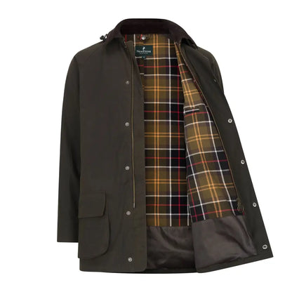 Open Olive-Green Forest Woodsman Wax Jacket with Plaid Lining for Rugged Style