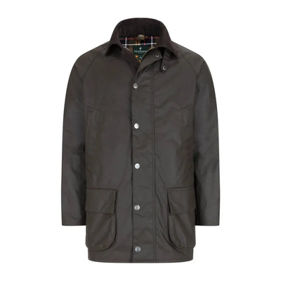 Dark green forest woodsman wax jacket with button front and large pockets