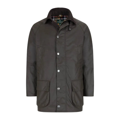 Dark green forest woodsman wax jacket with button front and large pockets