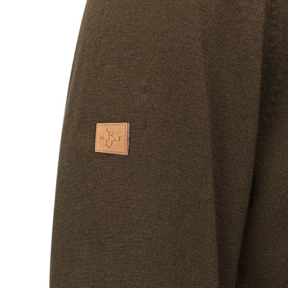 Olive green knit sweater sleeve with leather patch from New Forest Zip Neck Jumper