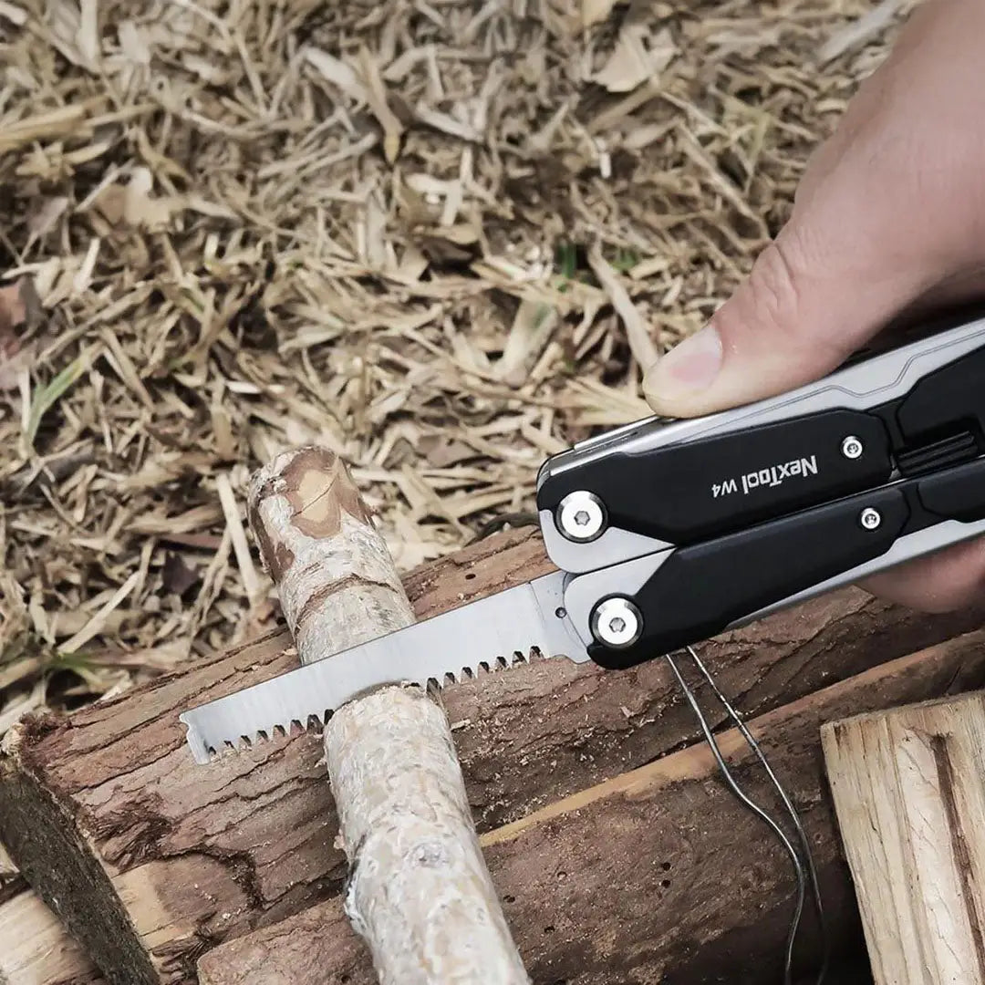 Black and silver NexTool adjustable wrench pliers W4 with saw blade