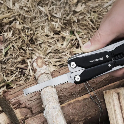 Black and silver NexTool adjustable wrench pliers W4 with saw blade