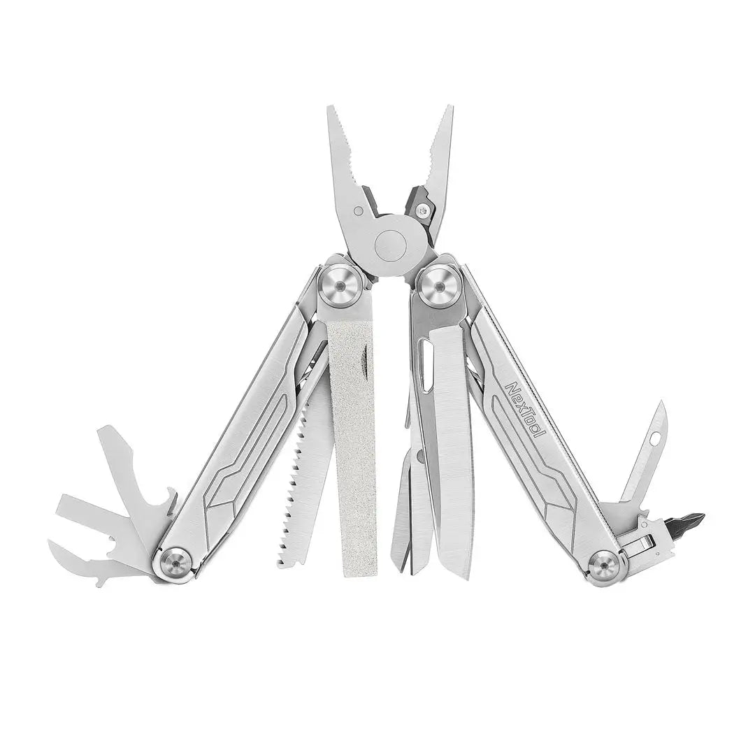 NexTool Flagship Captain multitool with silver pliers, saws, screwdrivers, and knife