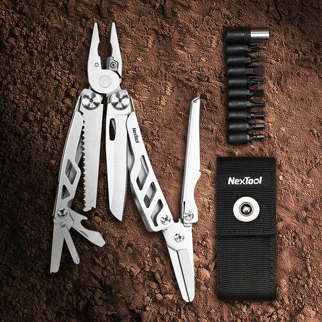 Nextool Flagship Max multi tool with pliers, knife, screwdriver bits in black sheath