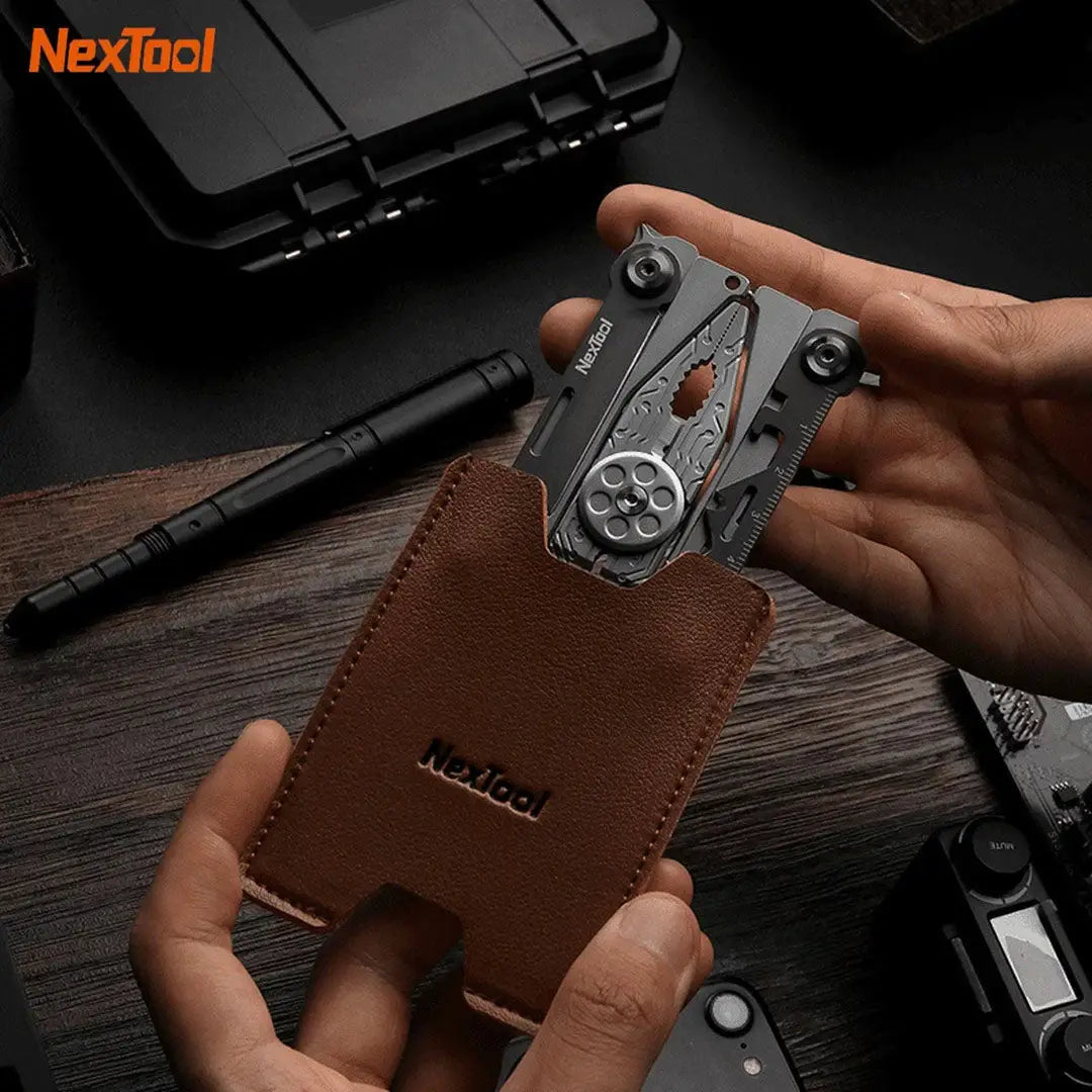Brown leather NexTool Silver EDC multi-tool wallet for hunting outdoors
