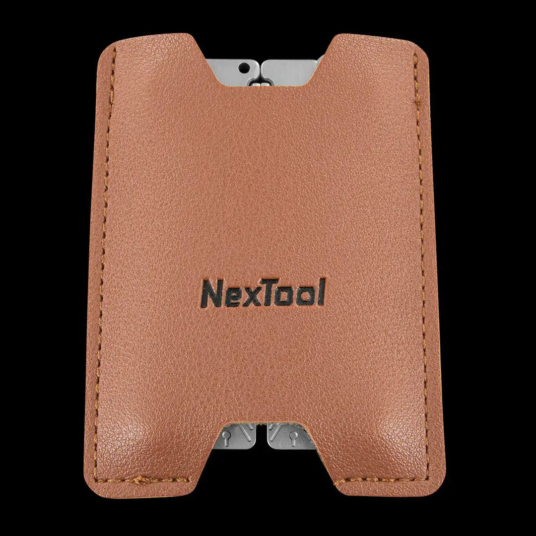 NexTool Silver EDC Tool: brown leather phone wallet with NexTool logo for outdoors hunting