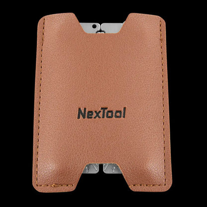 NexTool Silver EDC Tool: brown leather phone wallet with NexTool logo for outdoors hunting