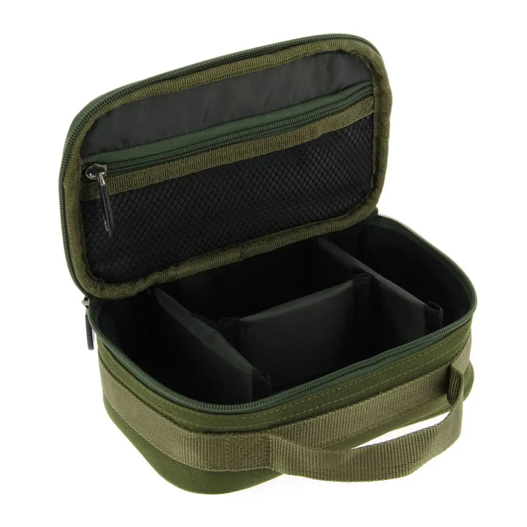 Open green tackle bag from NGT Rigid Deluxe Lead Bag, perfect for fishing gear storage