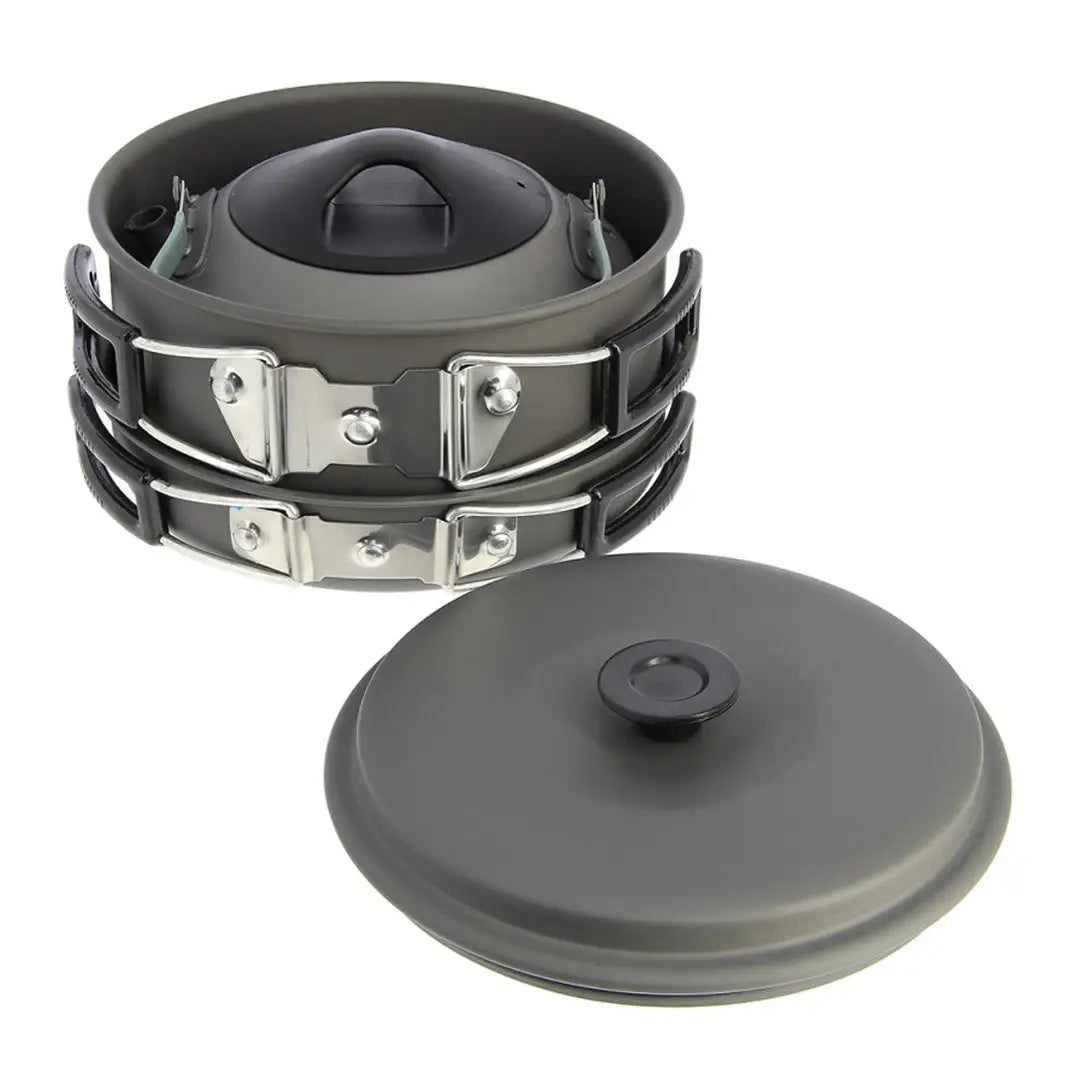 Compact NGT Aluminium Outdoor Cook Set with stacked pots and lid for easy camping