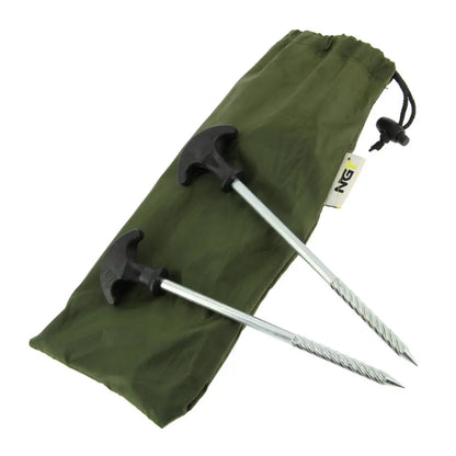 NGT Bivvy Pegs with green storage bag for easy camping setup and portability