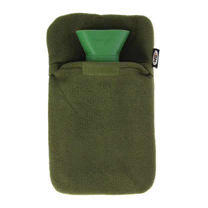 Green hot water bottle in a cozy dark olive fleece sleeve for warmth and comfort