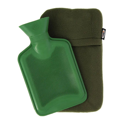 Green NGT hot water bottle with a dark green fabric cover for cozy warmth