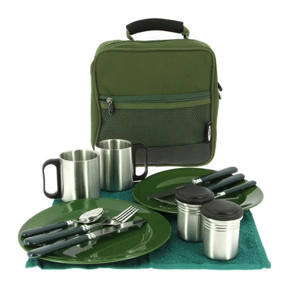Camping cookware set in a green bag, perfect for the NGT Social Session Cutlery Set