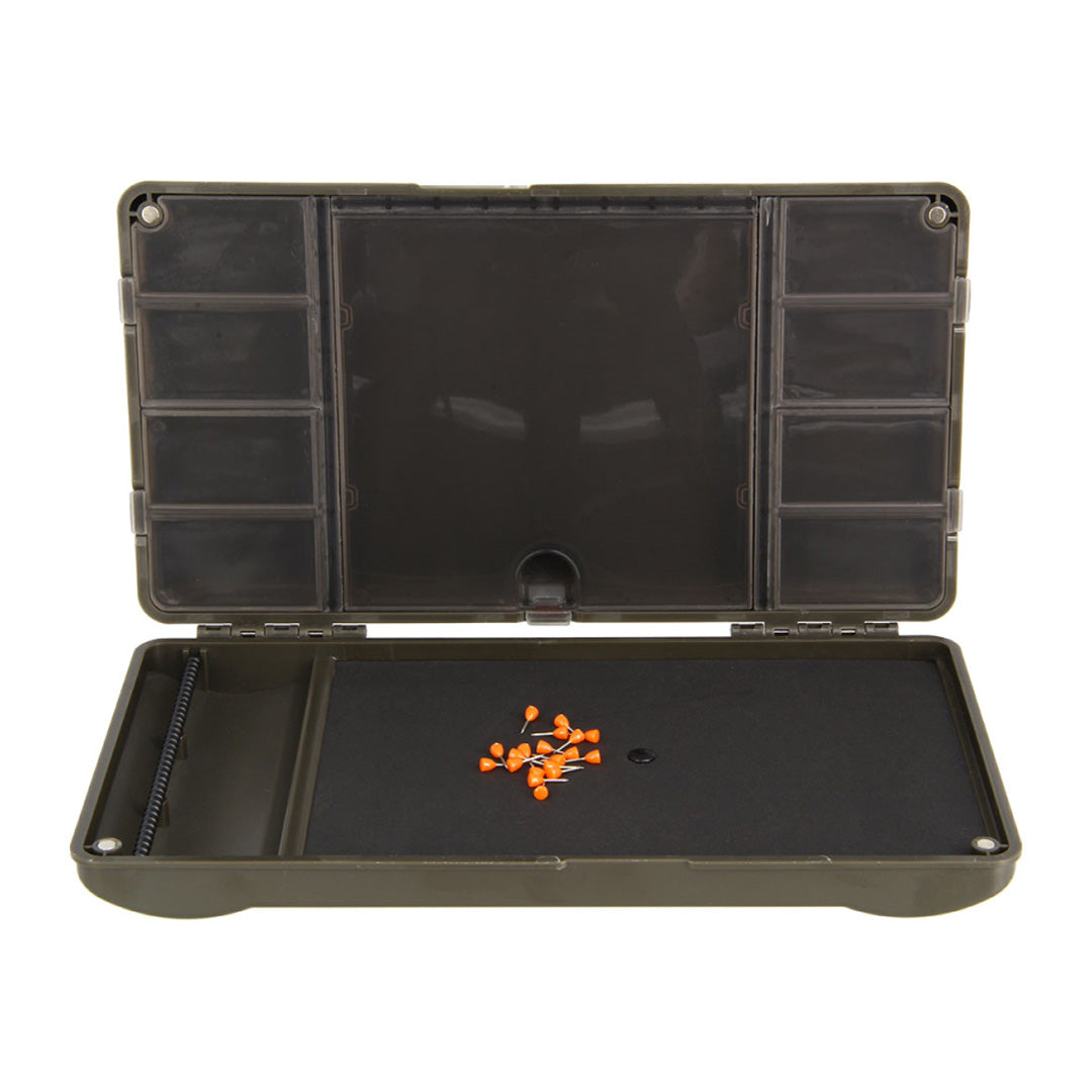 Open olive-green NGT XPR PLUS Box showing orange bobbers, a compact tackle box designed to hold readymade hair