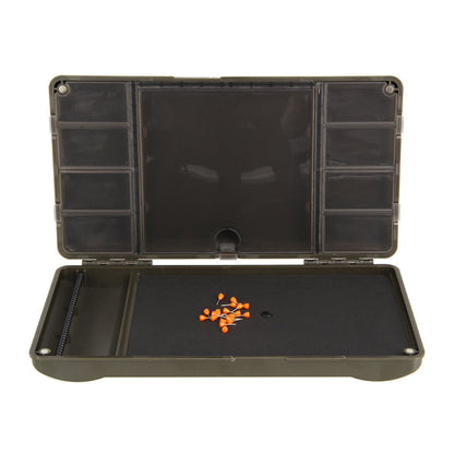 Open olive-green NGT XPR PLUS Box showing orange bobbers, a compact tackle box designed to hold readymade hair