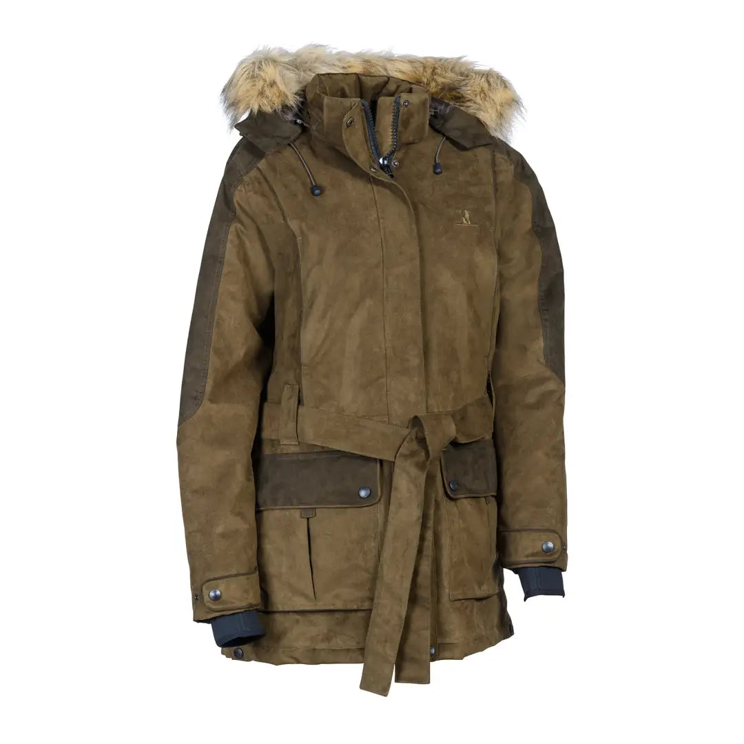 Olive green parka with fur hood from the Percussion Ladies Grand Nord Jacket collection