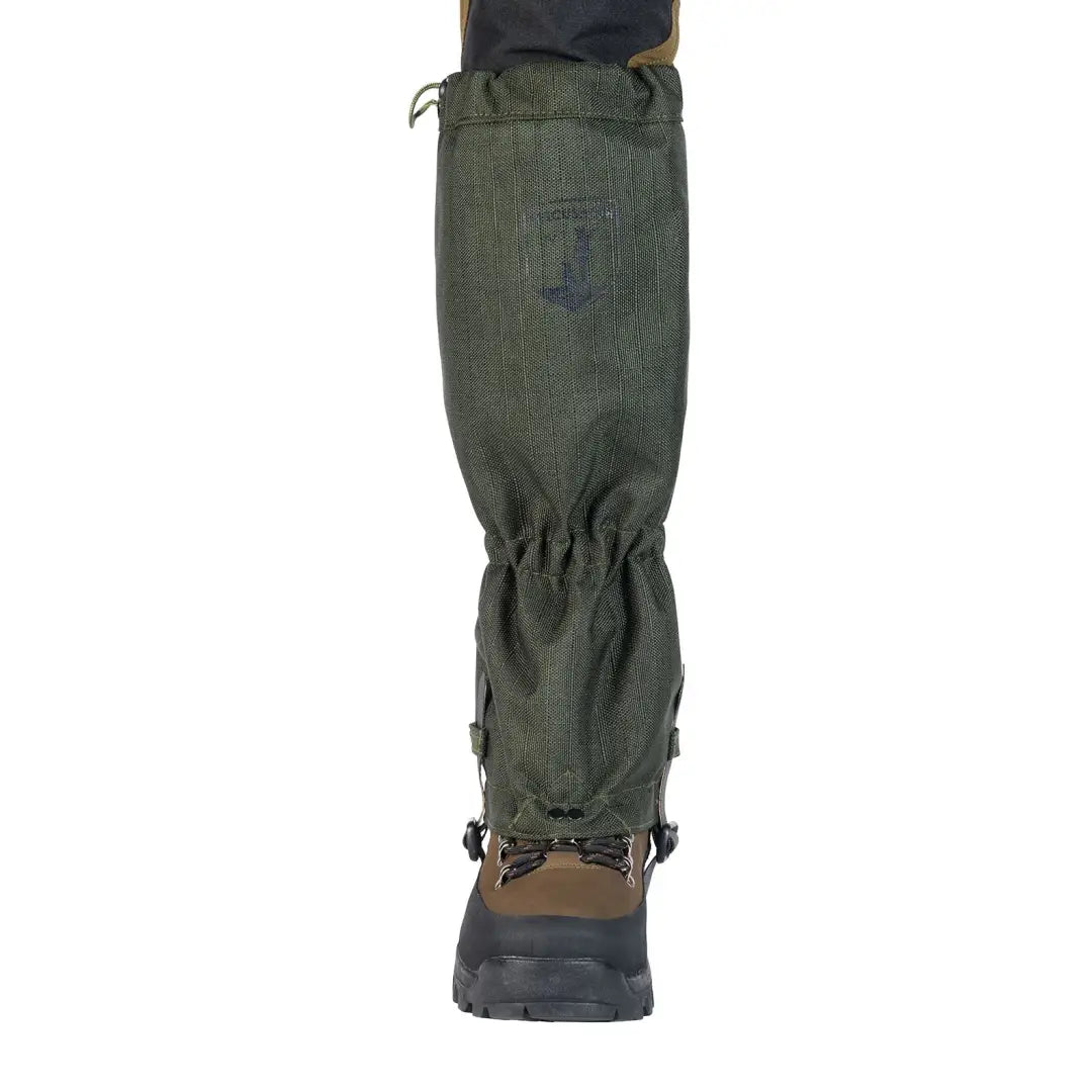 Green waterproof Percussion Rip-Stop gaiter over a hiking boot for outdoor adventures