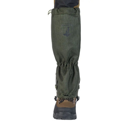 Green waterproof Percussion Rip-Stop gaiter over a hiking boot for outdoor adventures