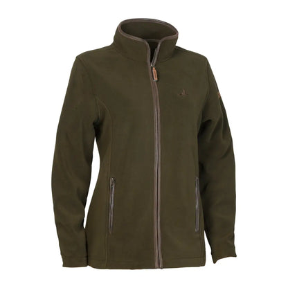 Dark green ladies fleece jacket with full-length zipper and stand-up collar