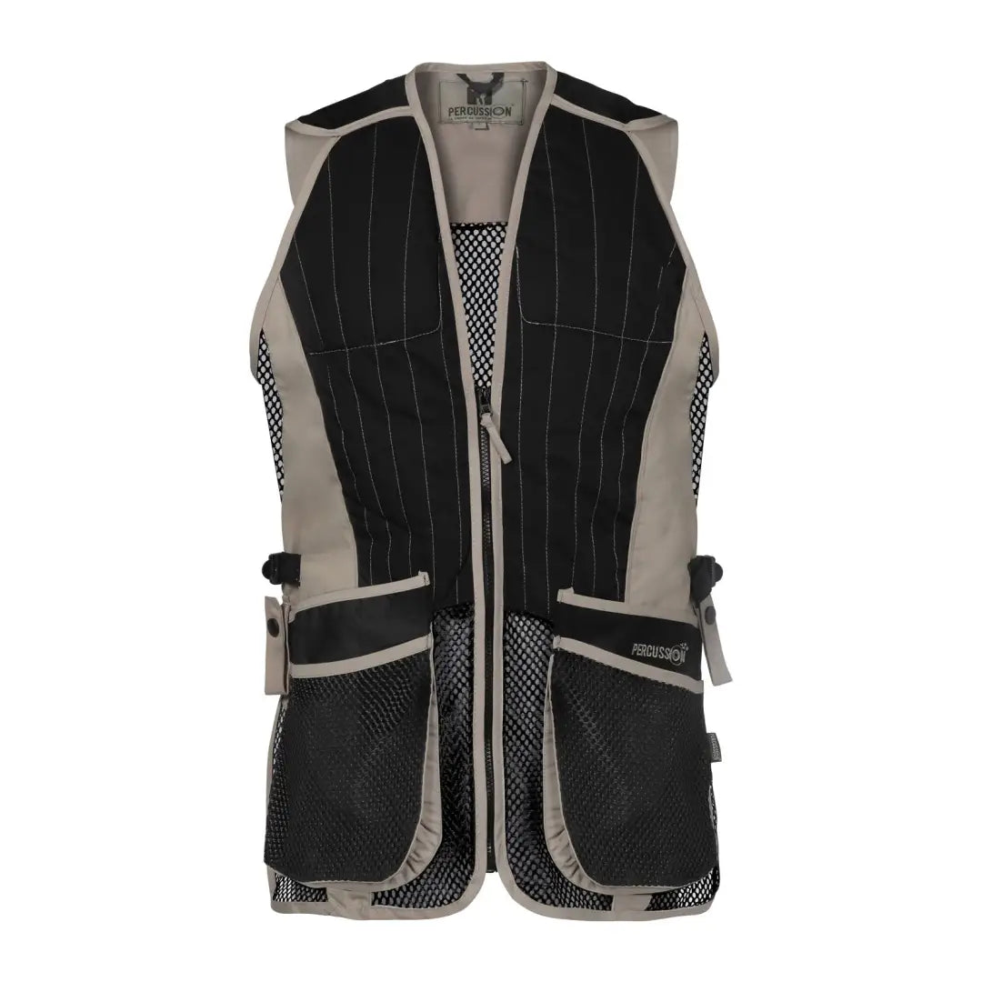 Stylish Percussion Skeet Vest with black and gray panels, mesh sections, and pockets