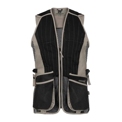 Stylish Percussion Skeet Vest with black and gray panels, mesh sections, and pockets