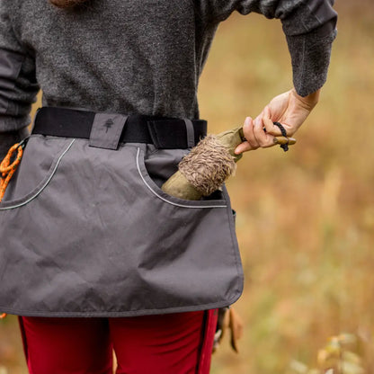 Gray apron with pockets for dog sports, country clothing, and hunting gear
