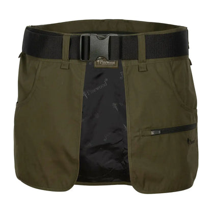 Olive green dog sports shooting skirt with black belt on Pinewood Dog Sports waistbelt