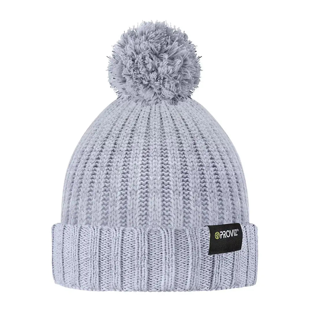 Light gray ribbed bobble beanie with fluffy pom-pom for country clothing