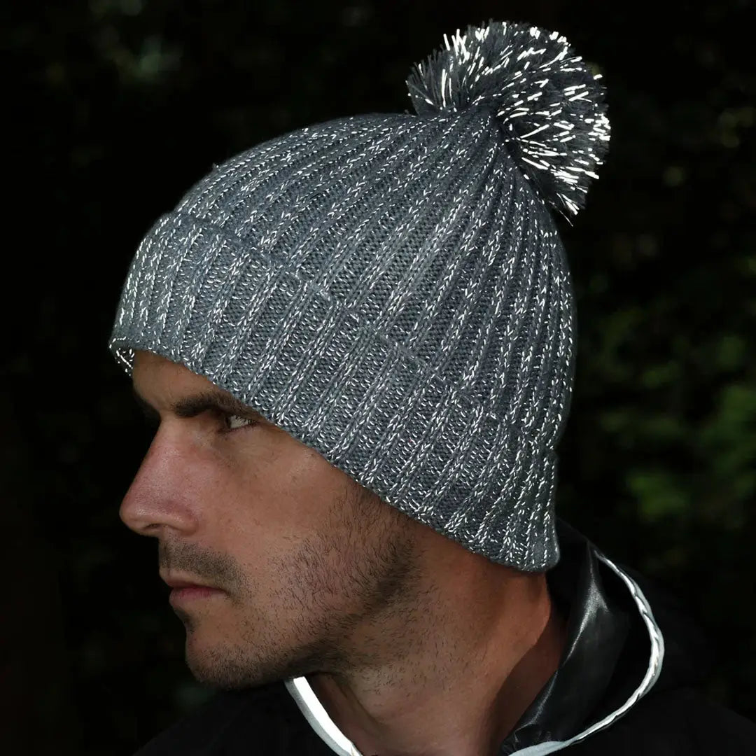 Gray knit bobble beanie with silver pom-pom for country clothing hunting