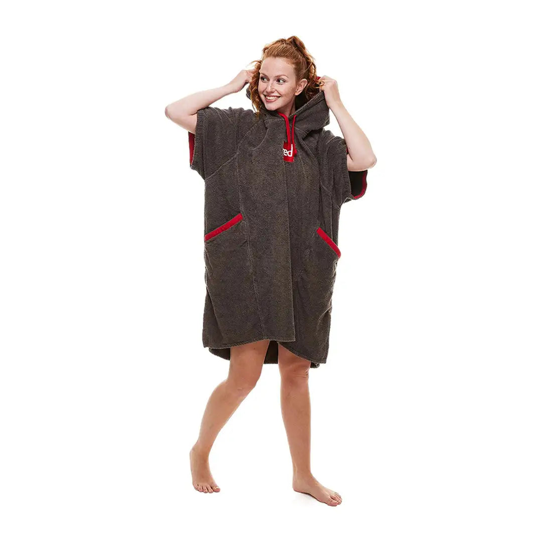 Person wearing a stylish Red Luxury Towelling Change Robe with cool red accents