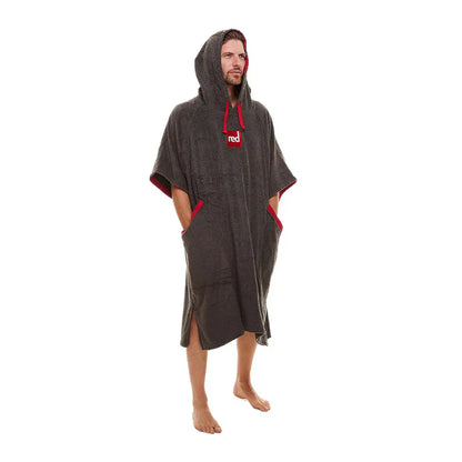Hooded towel poncho with red accents, perfect towelling change robe for beach days