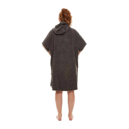 Hooded Red Luxury Towelling Change Robe on a person with curly hair, viewed from behind