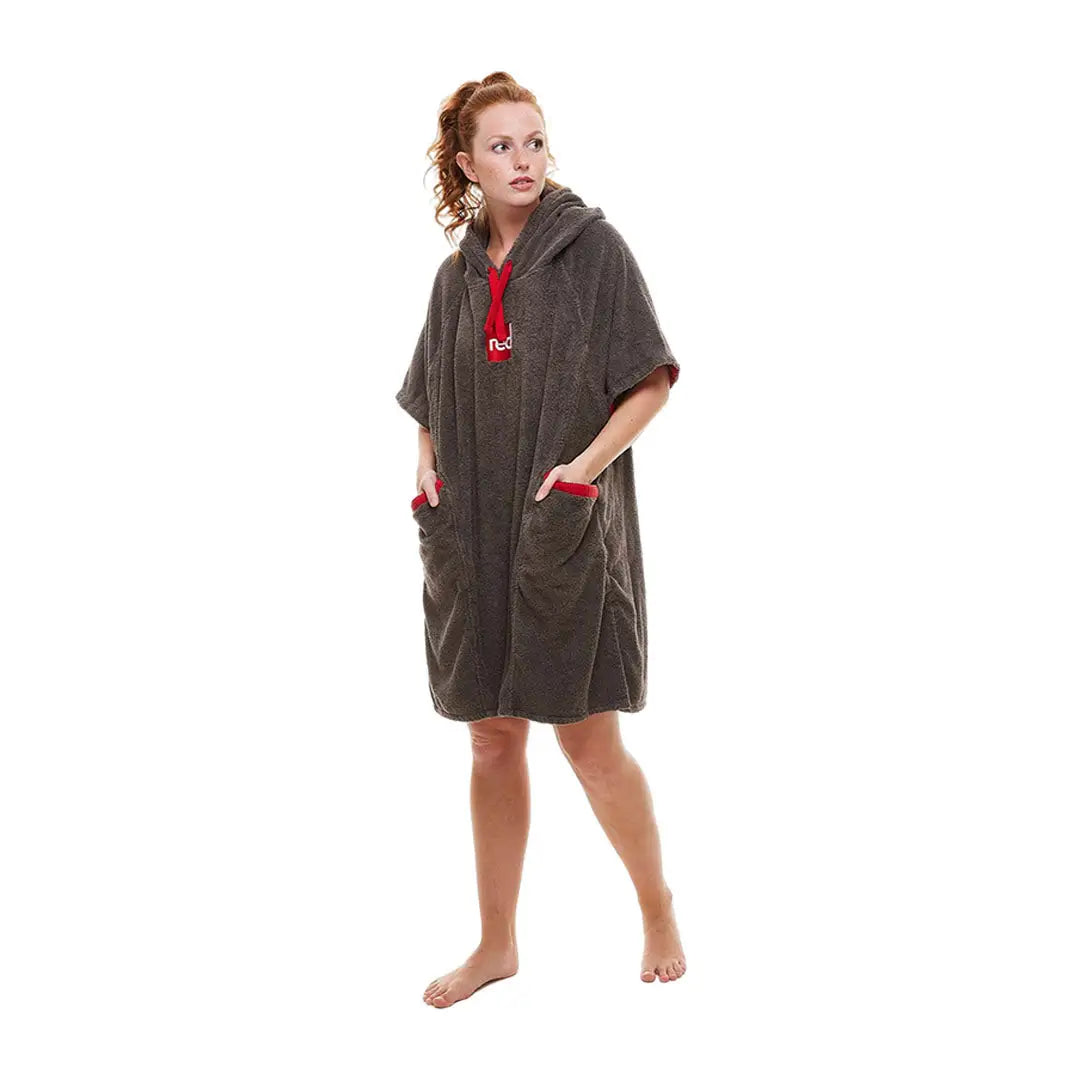 Gray Hooded Towelling Change Robe with Red Accents and Pockets for Stylish Comfort