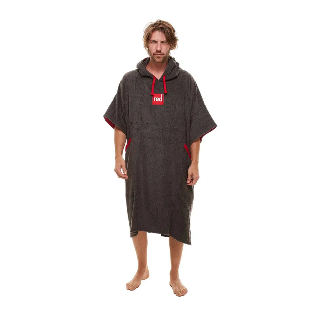 Hooded towel poncho featuring a red logo patch from the Red Luxury Towelling Change Robe