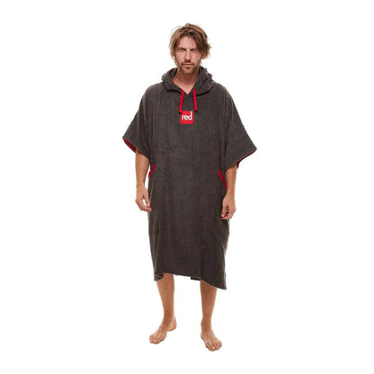 Hooded towel poncho featuring a red logo patch from the Red Luxury Towelling Change Robe