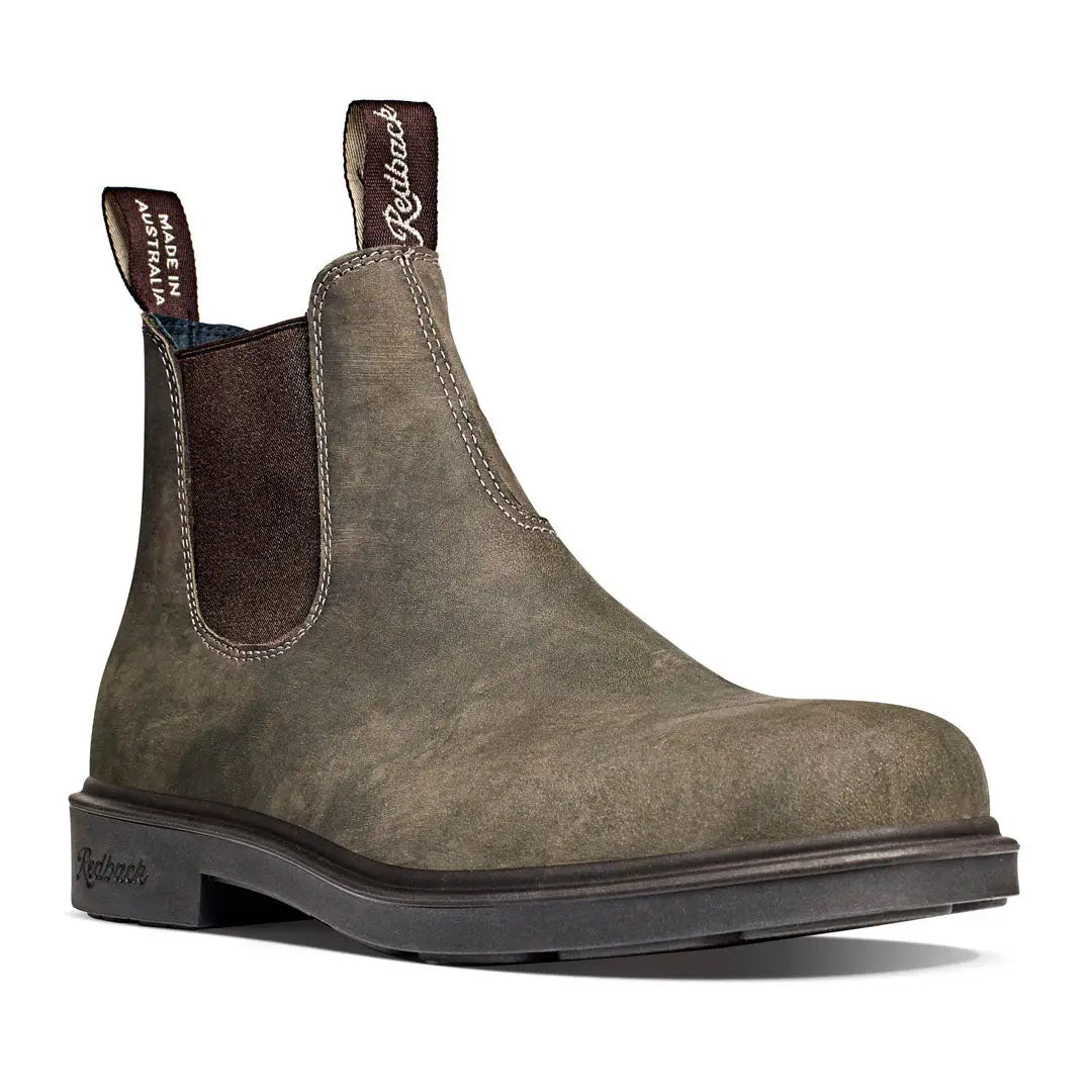 Olive green Blundstone Chelsea boot with brown leather accents and rubber sole from Redback Whistler Dress collection