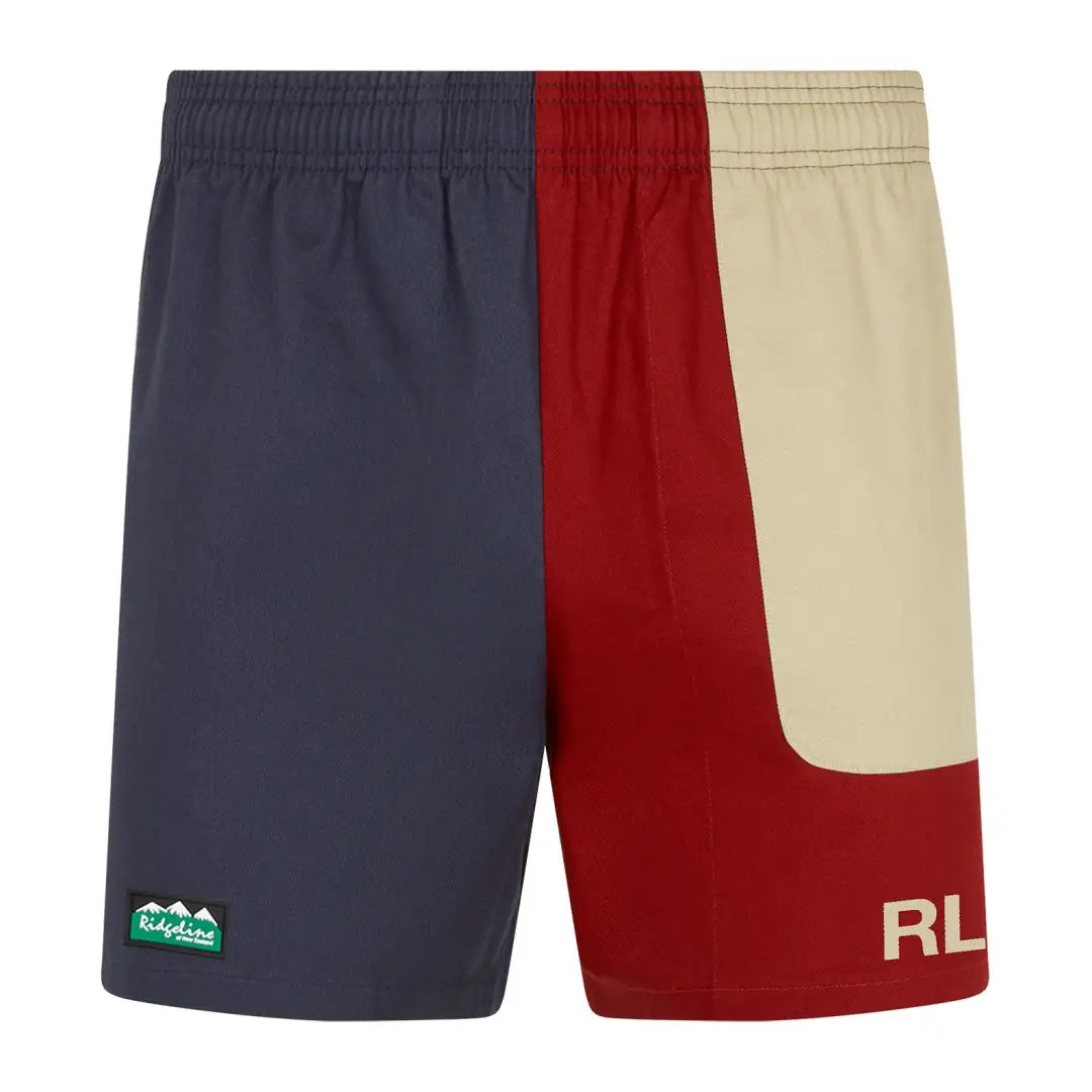 Colorblock Ridgeline Backslider Shorts in navy, red, and beige for outdoor country clothing